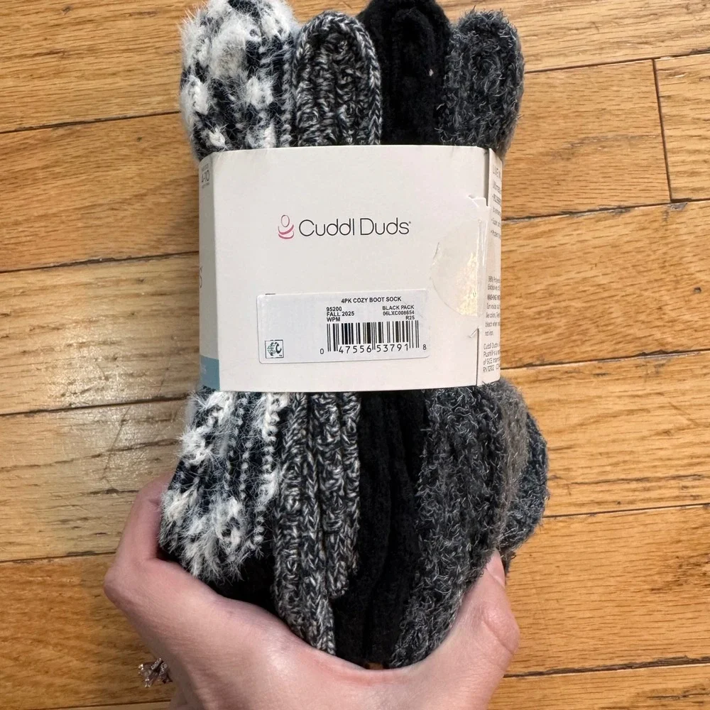 Cuddl Duds Women 4 Pair Plushfill Crew Socks Black Grey Leopard Cozy Boot‎ Socks